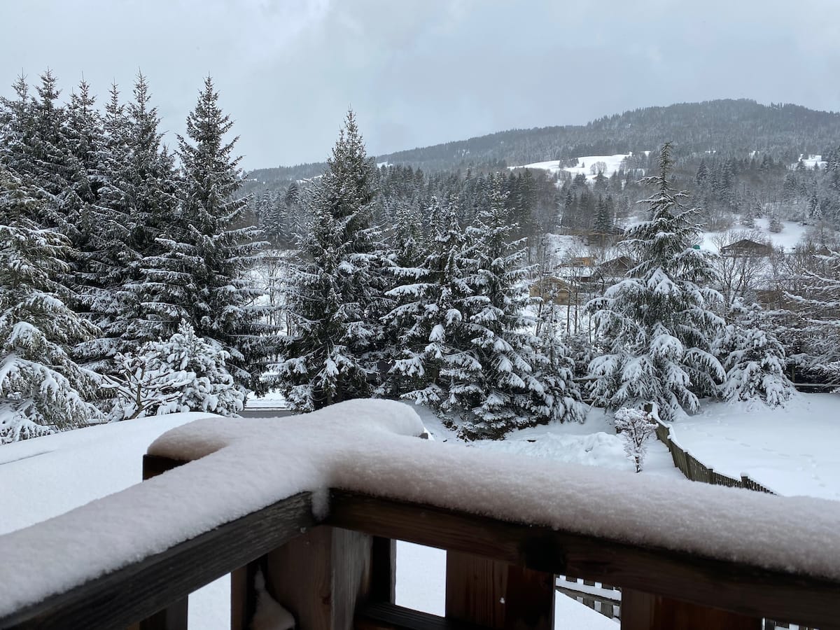 Vue depuis le balcon du chalet : sapins enneigés et montagnes du pays du Mont-Blanc